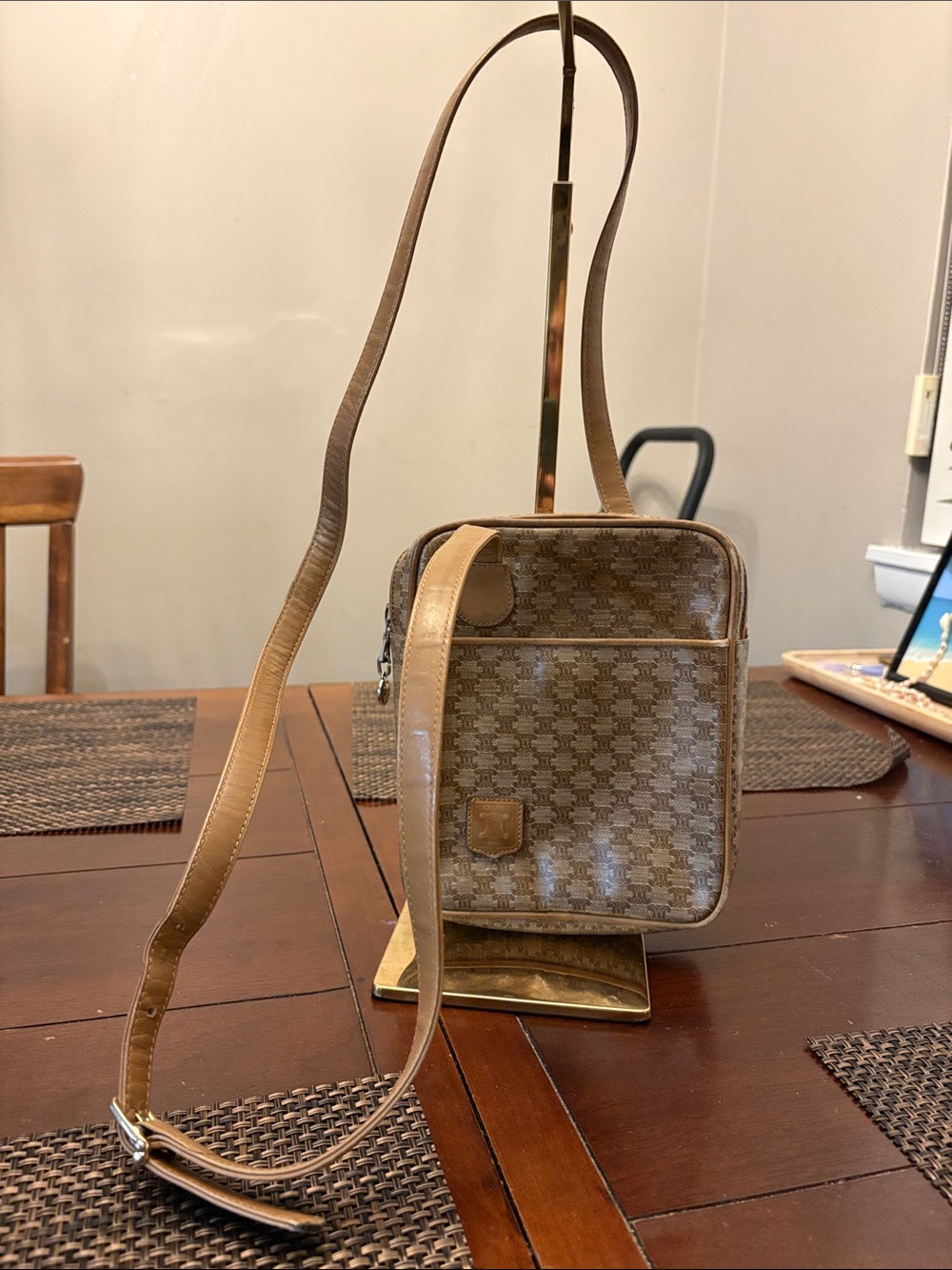 Celine macadam monogram leather crossbody bag zipper closure in gold hardware